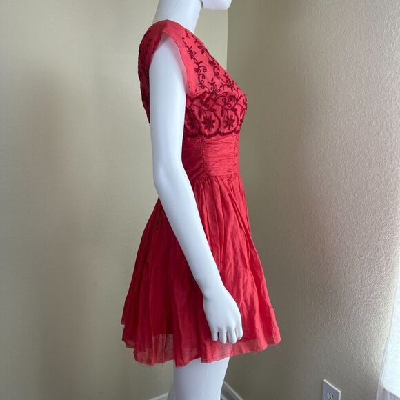 Free People Women's Size 2 Rose Garden Eyelet Embroidered Red Poppy Mini Dress - Picture 11 of 16